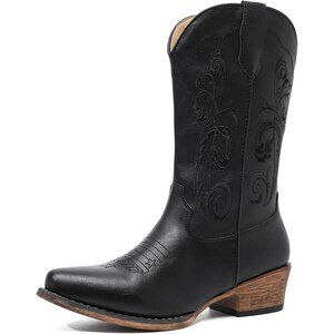 Women Black Western Mid Boots Embroidered Cowgirl Boots Ladies Pointy Boot